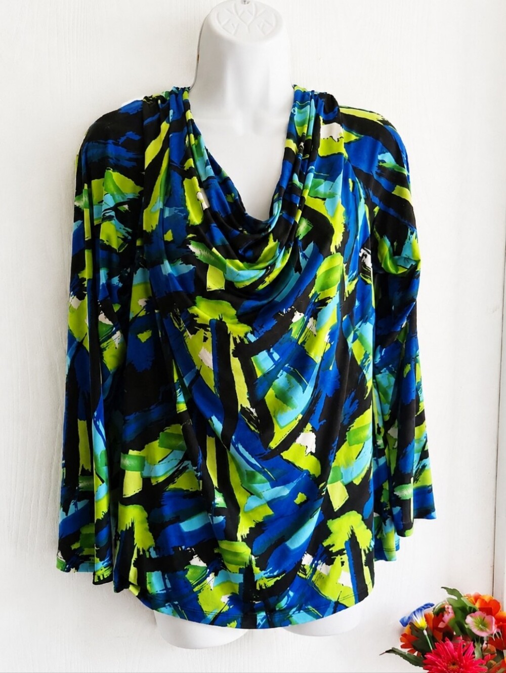 Bianca Nygård Abstract Print Cowl Neck Stretch Top Size 16 Blue Green Black Long - Picture 4 of 8